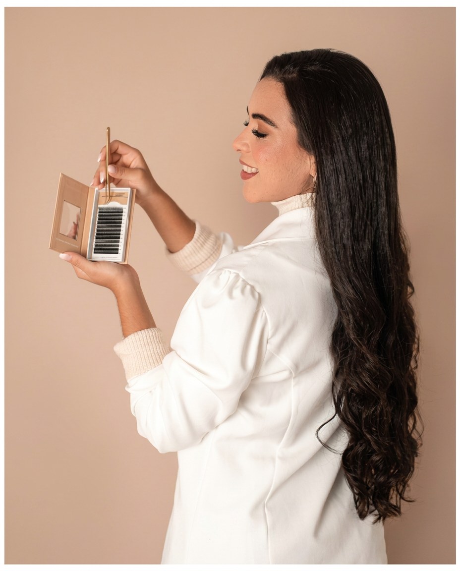 Laura Leanne preparando os materiais de extensão de cílios em seu estúdio